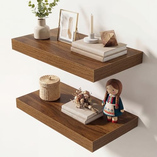 Image of Dreamland 16 Inches Floating Shelves for Wall, 9.3 inch Deep Long Floating Shelves Set of 2, Large Display & Storage Shelf, Wall Shelf for Bathroom Bedroom Living Room Kitchen Office, Walnut