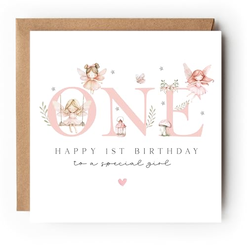 Magical Fairy 1st Birthday Card for Girls Happy 1st Birthday to a Special Girl 148x148mm 300gsm Blank Inside with Kraft Envelope