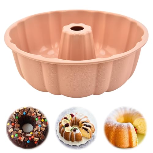 24cm/9.6in Non-Stick Fluted Cake Tin, Round Baking Tin, Cake Mould Baking Pan, Ring Cake Mould, Birthday Round Tube Moulds, Savarin Moulds for Chiffon Cake Cheesecake Gugelhupf (Pink)