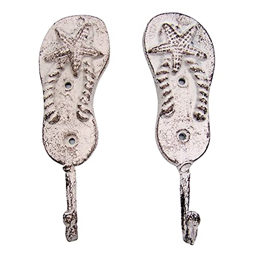 Beach Themed Decor- Cast Iron Pair of White Washed Flip Flop Wall Hooks, Set of 2, 6.5 Inches - Image 7