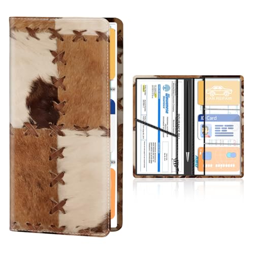 AHYUEJGDT Premium Leather Car Registration and Insurance Card Holder with Magnetic Shut, Cute Vehicle License Document Glove Box Compartment Organizer Cool Car Accessories Retro Brown Cow