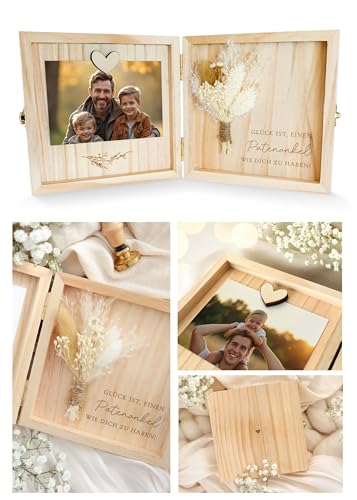 Joli Coon Patenonkel Geschenk - Glück ist es einen Patenonkel wie Dich zu haben Holzbox - Hochwertige Geschenk Holzbox 14 x 14 x 3 cm