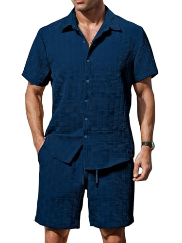 GRECIILOOKS Men’S Summer Casual Two Piece Outfit, Textured Button...
