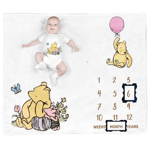 Image of utrwooy Winnie Bear Themed Month Blanket for Newborn Photography - 37"x45" Flannel Growth Mat with 2 Black Felt Date Frames - Baby Photo Prop