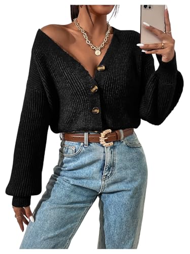 GORGLITTER Women's Button Up Cropped Cardigans V Neck Long Sleeve Rib Knit Trendy Fall Sweaters 2025