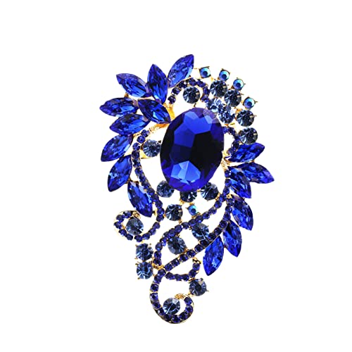 Image of YOQUCOL Vintage Blue Austrian Crystal Rhinestone Leaf Shape Big Large Brooch Pin for Women Girls