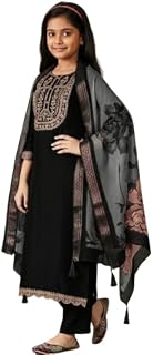 BHOLUKART Girls Silk Kurta Set with Dupatta, Embroidered Traditional Ethnic Wear Outfit 3/4 Sleeve, Regular Fit Blue, Black Price In India