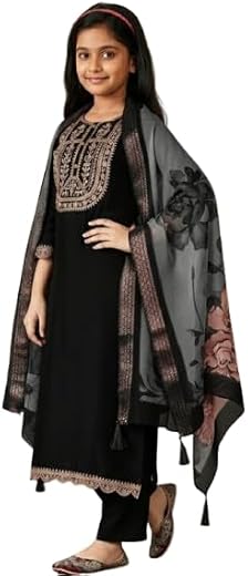 BHOLUKART Girls Silk Kurta Set with Dupatta, Embroidered Traditional Ethnic Wear Outfit 3/4 Sleeve, Regular Fit Blue, Black