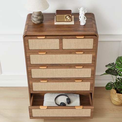Image of 43 inch Tall Dresser for Bedroom, 5 Drawer Mid Century Modern Dresser with Natural Linen, Curved Wood Chest of Drawers Closet Clothes Storage Organizer for Living Room, Hallway (Walnut)