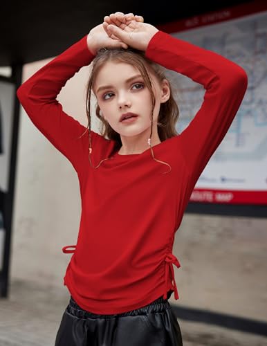 Image of Arshiner Girls Long Sleeve Shirts Ruched Knot Side Tunic Blouse Tee Tops
