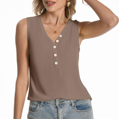 Womens Sexy V Neck Tank Tops Sleeveless Button Henley Shirts Button Ribbed Cami Top Blouses Going Out T Shirt