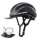 ROCKBROS 自転車 ヘルメット シティヘルメット 大人 レディース CE認証(EN1078) 高剛性 通気性 ゴーグル サンシェード付き 54-60cm サイズ調整可能 帽子型 サイクリング 街乗り 通勤 通学 おしゃれ メンズ 女性 男性 中学生 高校生 折りたたみ自転車 シティバイク ロードバイク（マットブラック）