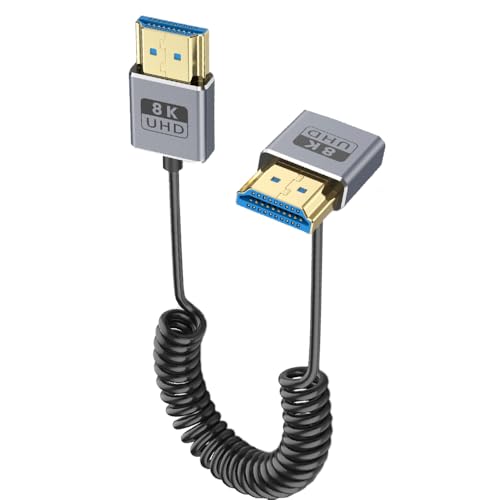 Cable HDMI 8K en espiral de ángulo descendente macho a macho coaxial de 2.5 pies