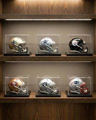 Image of Mini Helmet Display Case with Solid Wood Base - Floating Design Clear Fully Assembled Acrylic Box for 1:2 Scale Football Helmets, Dustproof Memorabilia Showcase (Dark Walnut)
