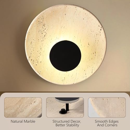 Image of Round Wall Sconce, Natural Marble Hardwired Circular Sconce Modern Sconces Wall Lighting Vanity Light Fixtures for Bedroom, Stairs, Living Room, Bedside(Roman Travertine)