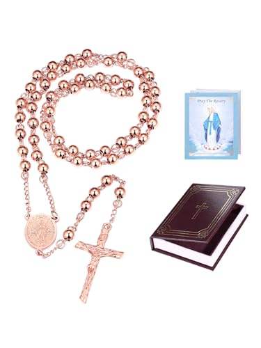 Supcare Long Rosary Beads Necklace for Women Rose Gold Plated Rosary