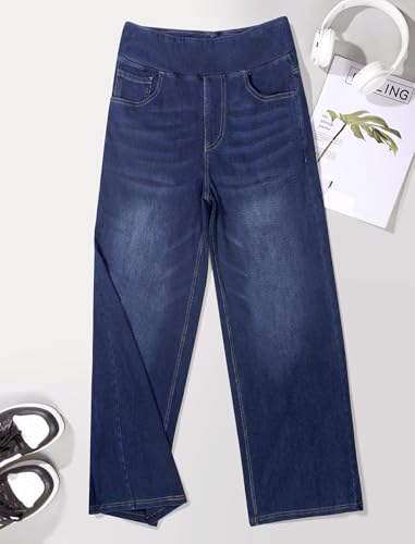 DLOODA Women's Wide Leg Jeans High Waisted Stretchy Denim Pants Elastic Waist Pull On Sweatpant Jeans Trendy Baggy Loose Dark Blue