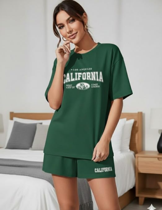 Image of KSHS Women Cotton Night Suit Top & Shorts Set | Loose Fit Printed Nightwear Co Ord Set Stylish Western | Soft Breathable Sleepwear Shorts with Pocket for Women