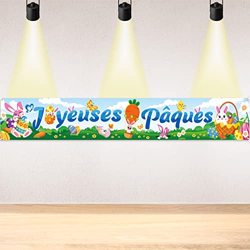 DPKOW Français Joyeuses Pâques Bannière pour Pâques Décoration, Joyeuses Pâques Bannière en Tissu pour France Pâques Intérieur Extérieur Décoration Bannière Jardin Table Mur de Pâques, 270 * 40cm