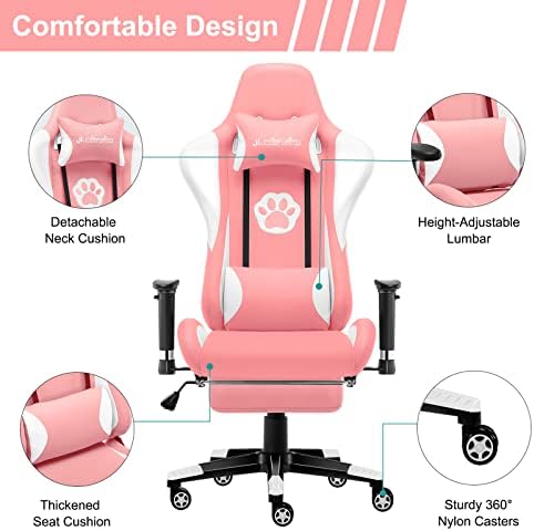 JL Comfurni Gaming Chair Desk Chairs with Footrest Ergonomic Racing Leather Chair Office Computer Swivel Chair High Back Reclining Pink
