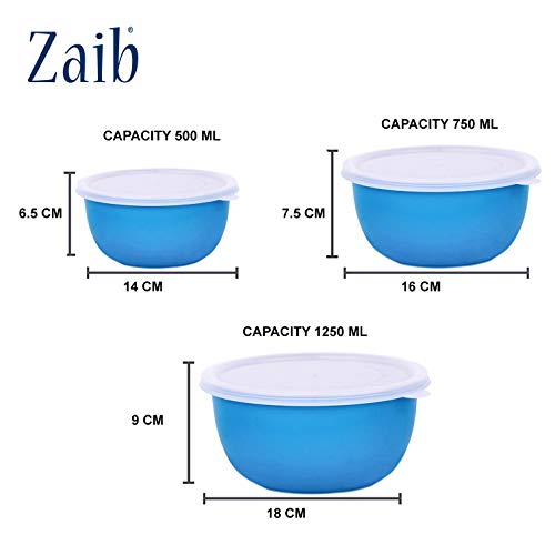 Image of Microwave Safe Stainless Steel Food Storage Container with Lid | Euro Mixing Bowl Set for Kitchen | 500ml, 800ml, 1250ml | Pack of 3 | Leak-Proof (Blue Plain 3)