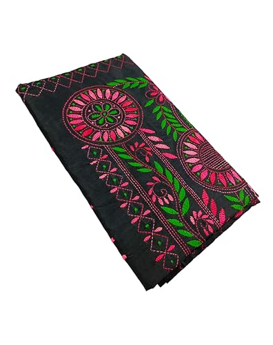 Image of SHRISTI CLOTHINGS Women's Hand Embroidered Cotton Silk Kantha Stitch Saree with Blouse Piece (J420824 BLACKD71)