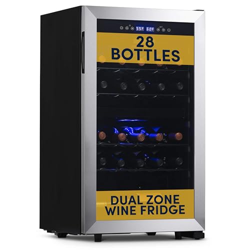 NewAir 19' Dual Zone Wine Fridge for 28 Bottles | Built-In or Freestanding Wine Cooler Refrigerator with Glass Door | Quiet Compressor Cooling & Exterior Digital Thermostat | Stainless Steel