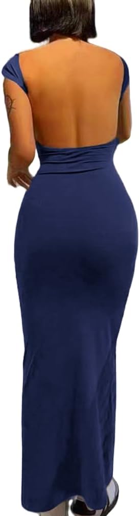 AYWA Womens Sexy Backless Maxi Dress Casual Bodycon Boat Neck Short Sleeve Party Club Long Dresses