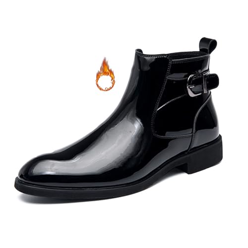 Image of Men's Patent Leather Low Heel Dress Chelsea Boots with Side Zipper Pointed Toe Warm Fur Lined Non Slip Casual Booties Fashion Buckle Work Business Prom Ankle Boots