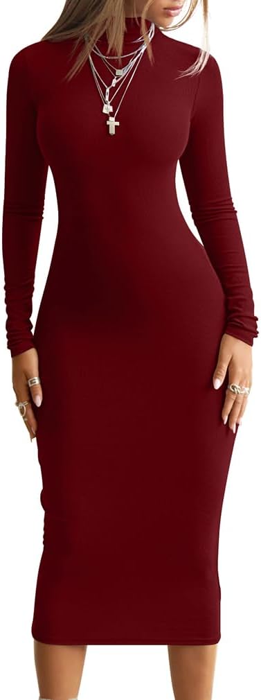 BEAGIMEG Women's Bodycon Long Sleeve Mock Neckline Knit Ribbed Party Club Midi Dress