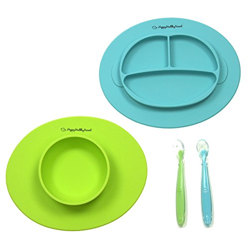 Image of Silicone Bowl and Silicone Plate Easily Wipe Clean! Self Feeding Set Reduces Spills! Spend Less Time Cleaning after Meals with a Baby or Toddler! Set Includes 2 Colors (Lime Green / Turquoise)