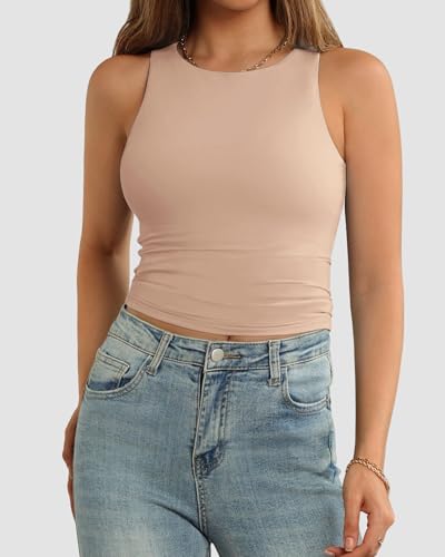 Image of ATHMILE Womens Double Lined Crop Tank Tops Casual Basic Shirts Sleeveless Workout Tops Cute Summer Clothes Teen Girls