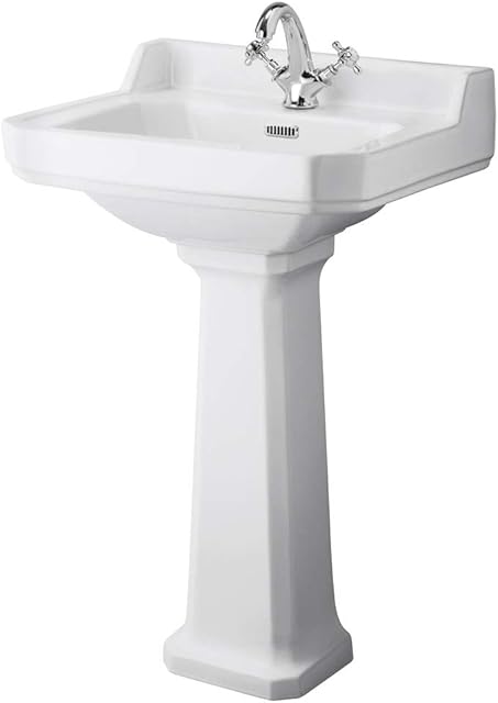 Milano Richmond - Traditional White Ceramic Bathroom Basin Sink with Full Pedestal and One Tap Hole - 560mm x 450mm