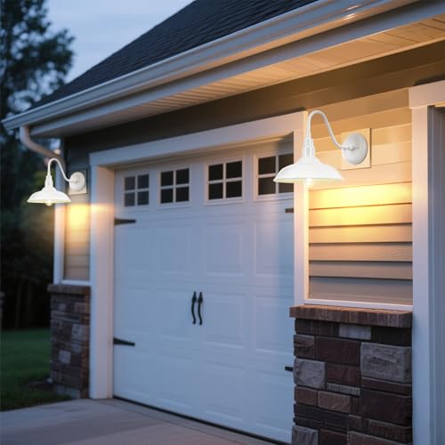 Image of Outdoor Gooseneck Barn Light Fixture with Wall Mount, 10'' Diameter White Exterior Waterproof Wall Lantern for Porch, Farmhouse Wall Sconce, 2 Pack, LM2201-WH-2P