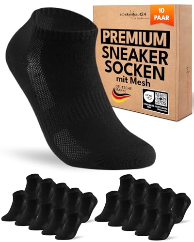 Sneaker Socken Herren 43-46 Schwarz Baumwolle 10 Paar Atmungsaktiv mit Mesh-Streifen