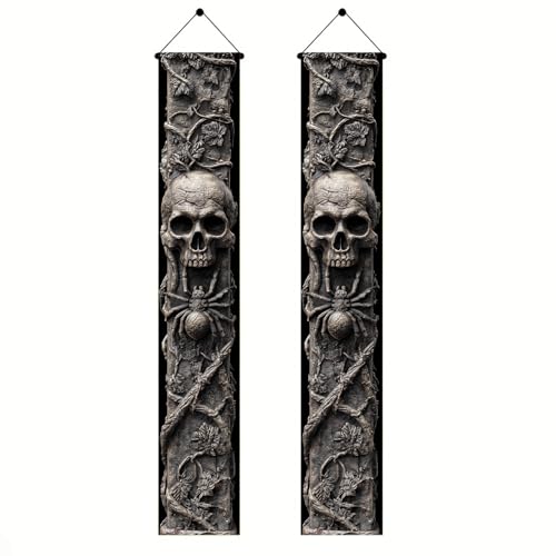 BlissYard Skull Spider Halloween Porch Decoration 12x71 Inch Stone Column Spooky Banners Welcome Happy Halloween Hanging Banners Creepy Haunted House Decor for Front Door Party Home Outdoor Decor