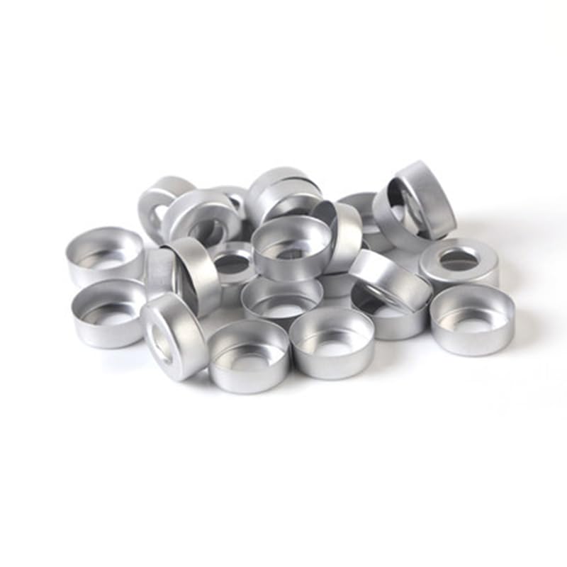 Lote de 100 Unidades de Tapas de Aluminio de 20 mm x 3 mm con septos de PTFE Blanco y Silicona Azul for Viales de cromatografía de mandíbula de 10 ml o 20 ml.(Cap with Septa)