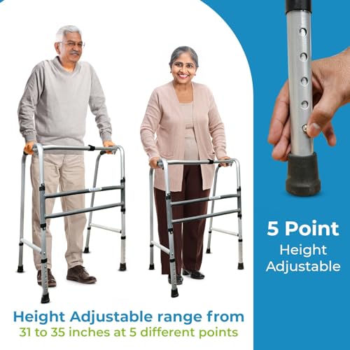 Image of EverActiv Mild Steel Height Adjustable Double Bar Folding Walker for Adults & Seniors | Grey Finish | Non-Slip Handles | Adjustable Legs | Heavy-Duty Frame