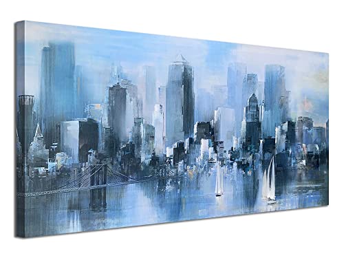 Acocifi Abstract Canvas Wall Art Navy Blue New York Painting Gray Cityscape Brooklyn Bridge Picture City Skyline Sailboat Artwork Framed For Living Room Bedroom Bathroom Office Home Decor 40"X20" #TOP13