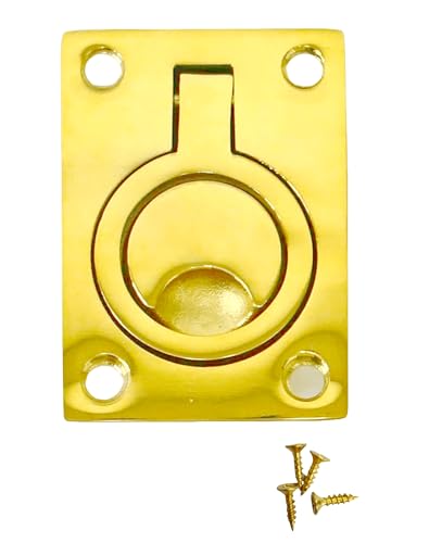 Image of HAIWEN 316 Stainless Steel Brass Plating Hatch Flush Ring Pull, Polished Brass Marine Round/Square Flush Lift Ring Locker Flush Lift Ring Pull Deck Hatch with Screws (Golden, 62 * 44mm)