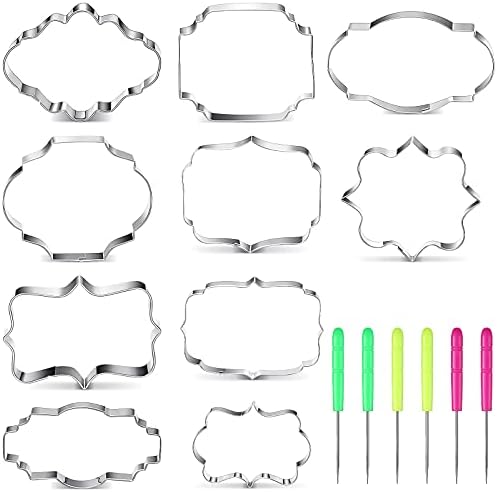 10 Pieces Plaque Frame Cookie Cutter Stainless Steel Biscuit Cutter Fondant Cake Decorating Tools and 6 Pieces Sugar Stirring Pins for Kitchen Baking