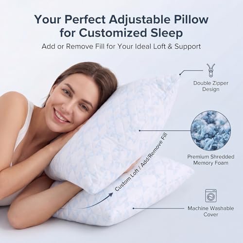 Adjustable Memory Foam Bed Pillows:Queen Size Shredded Foam Pillow Set of 2 for Sleeping with Removable & Washable Pillowcase for Back,Side & Stomach Sleeper-Medium Firm - 1