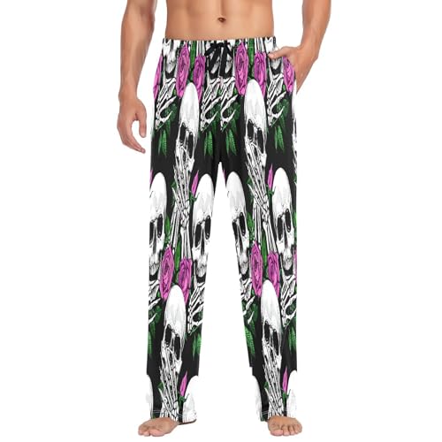 Qilmy Skull Roses Men's Cotton Pajama Pants, Lightweight Lounge Sleepwear with Drawstring and Pocket