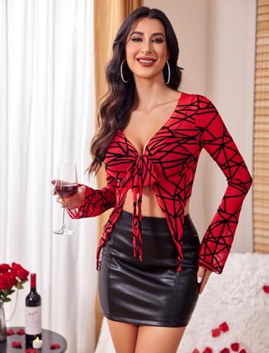 Image of Avidlove Women Mesh Crop Top Y2K Tie Front Tops Rave Top Sheer Cardigan Sexy V Neck Outfits S-2XL