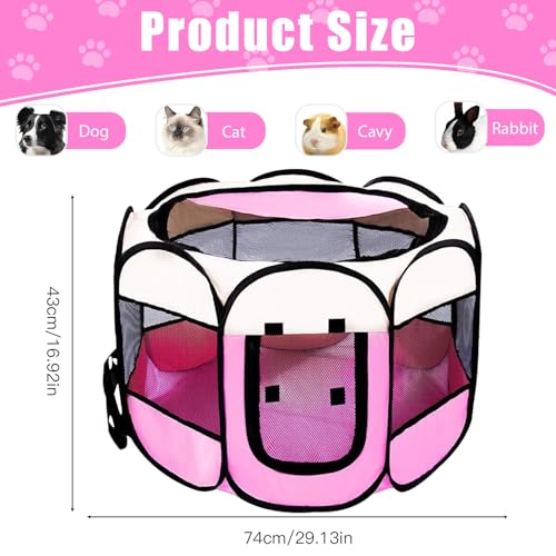 Welpenauslauf Faltbare Hundebox für Zuhause Welpenlaufstall Tragbarer Haustier Hundezaun, Wasserdichtes Oxford-Tuch Laufstall Hund, Katzenkäfig Hundekäfig für Katzen Hunde Kaninchen (Rosa/Beige, S, 8)