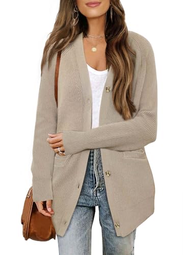 Image of Allegra K Cardigan Sweaters for Women 2025 Fall Fashion Open Front Button Down Pockets Knit Sweater Casual Long Cardigans Medium Apricot
