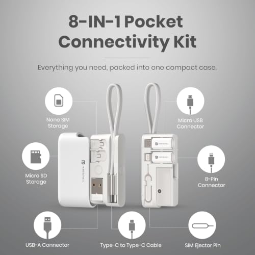 Image of Portronics Snapcase Ultra Multifunctional 8-in-1 Cable & tool Kit, 60W Fast Charging, USB-A, Type-C to Type C, 8-Pin & Micro Adapters, SIM & Micro SD Holder, High-Speed Data transfer, White