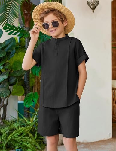 Image of Arshiner Boy's 2 Pieces Linen Sets Short Sleeve Henley Shirt and Shorts Summer Beach Matching Outfits 4-12 Years