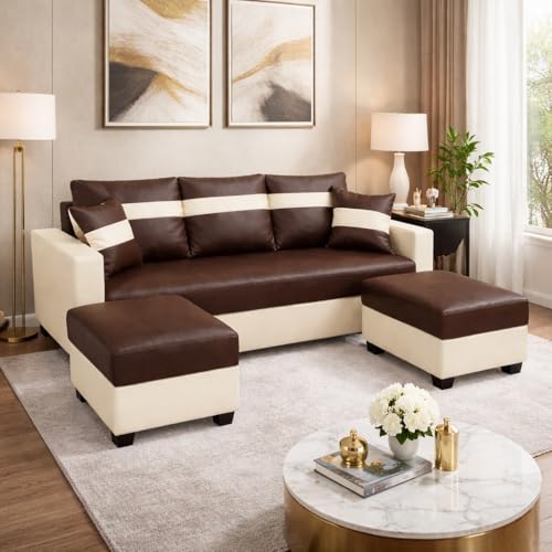 Image of SOCOZI Bastian 5 Seater L Shape Sofa Set with 2 Movable Ottomans | Flexible Layout | Premium Leatherette with Golden Metal Legs |Sofa for Living Room (Cream-Dark Brown) | Breathable Material