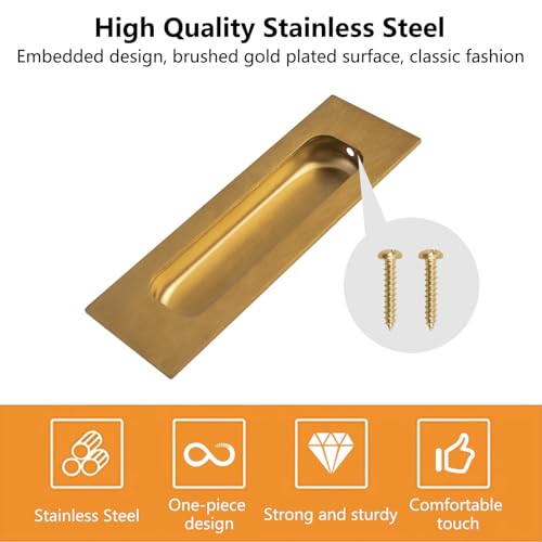 Image of MOROBOR 6pcs Square Brushed Gold Flush Handles Recessed Finger Pulls, 4.7 Inch Length Sliding Door Handles, Stainless Steel Cabinet Pulls for Wardrobe Drawer